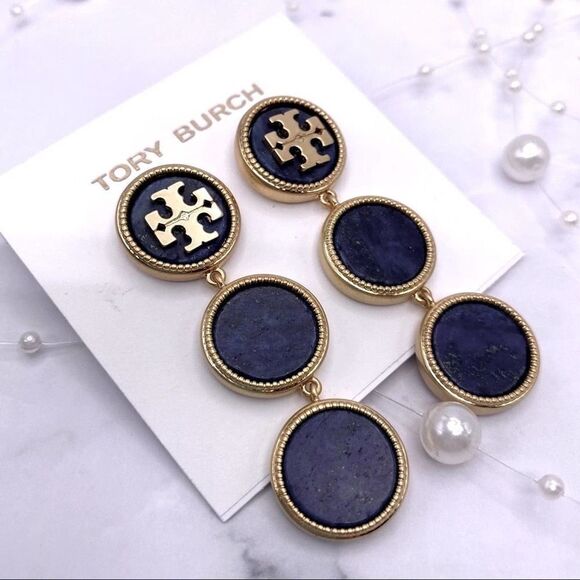 New Tory Burch Gold Logo, Dark Blue Round Drop Dangle Stud Earrings - Picture 4 of 6